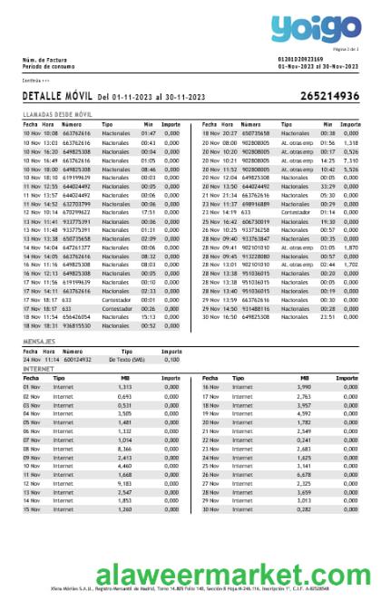 Spain Yoigo internet utility  bill in Word and PDF formats, 3 pages.